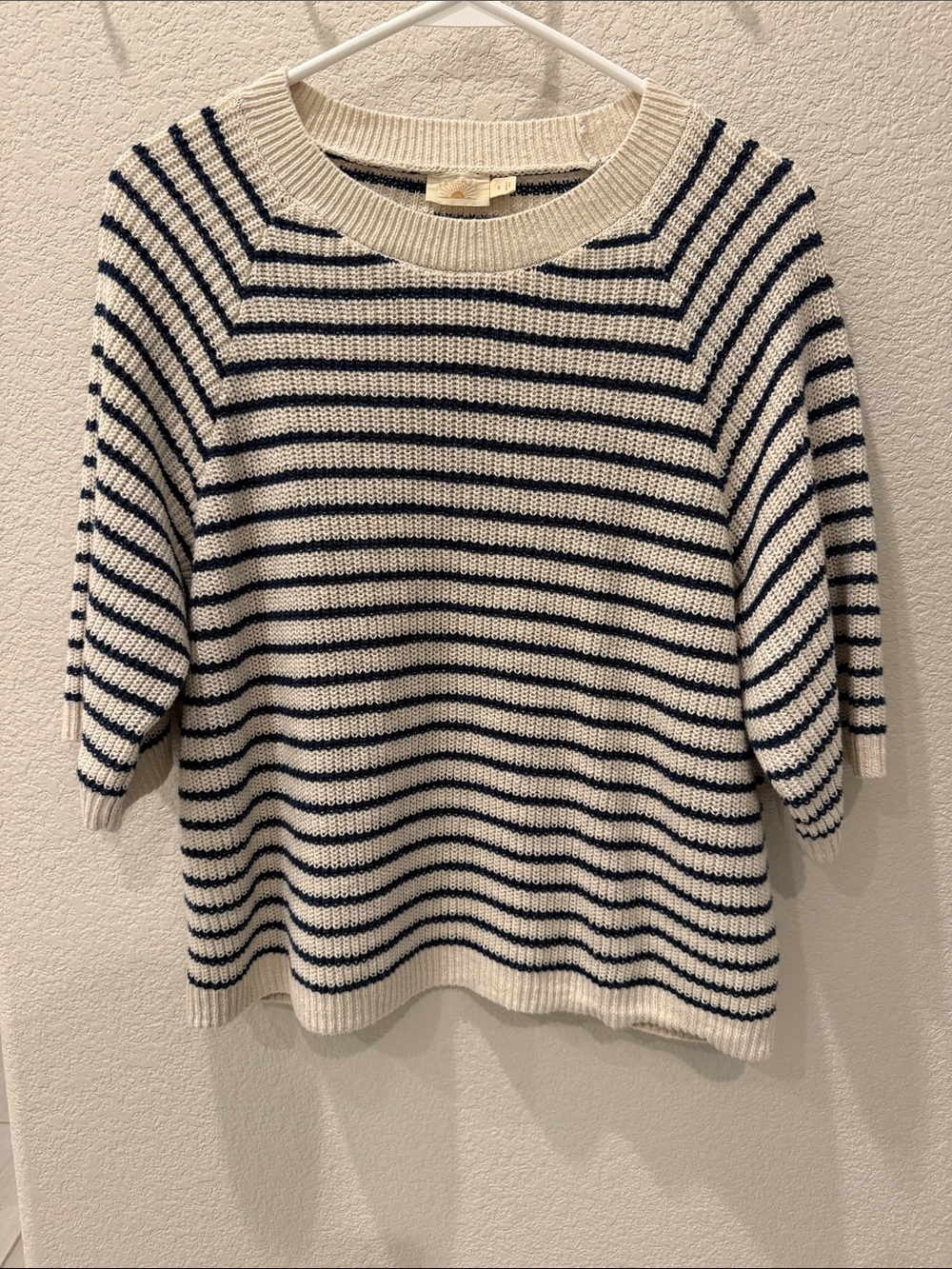 Faherty Cream and Navy Striped Short-Sleeve Crew